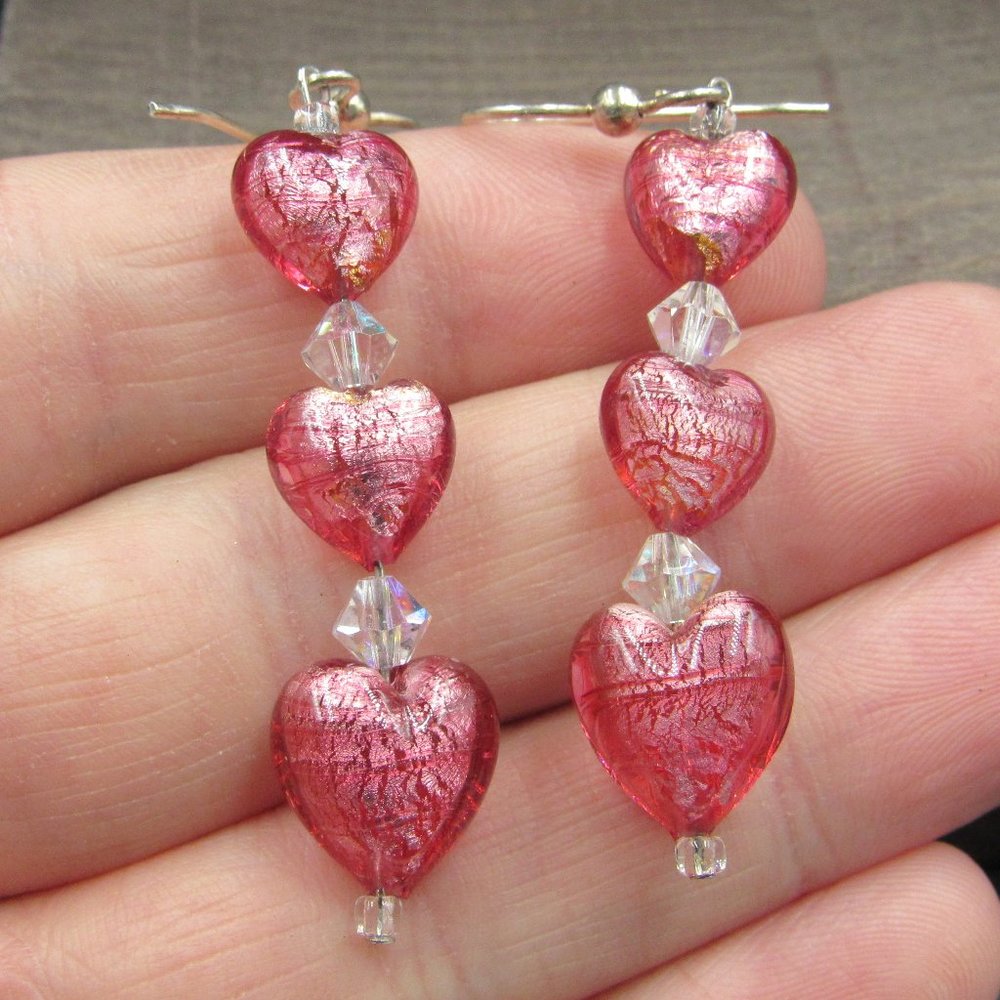 Sterling Silver Glass Tiered Hearts Earrings